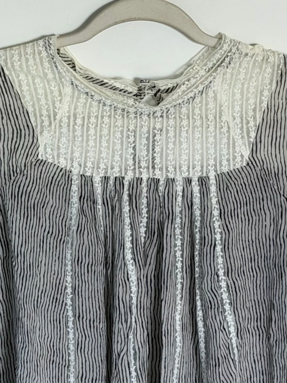 Anthropologie Floreat Black Reina Pleated Lace Striped Blouse Large 39636